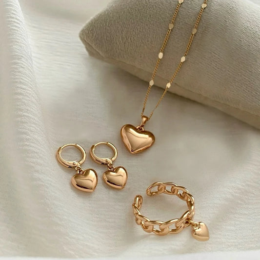 4Pcs/Set Vintage Love Heart Pendant Necklace Ring Hoop Earring for Women Simple Gold Color Smooth Jewelry Set Elegant Party G