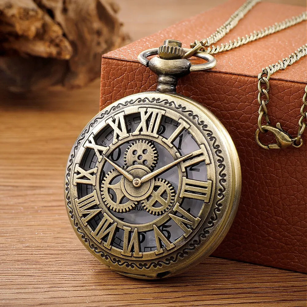 Antique Steampunk Vintage Roman Numerals Quartz Pocket Watch Bronze Case Necklace Pendant Clock Chain Mens Women - Bronze
