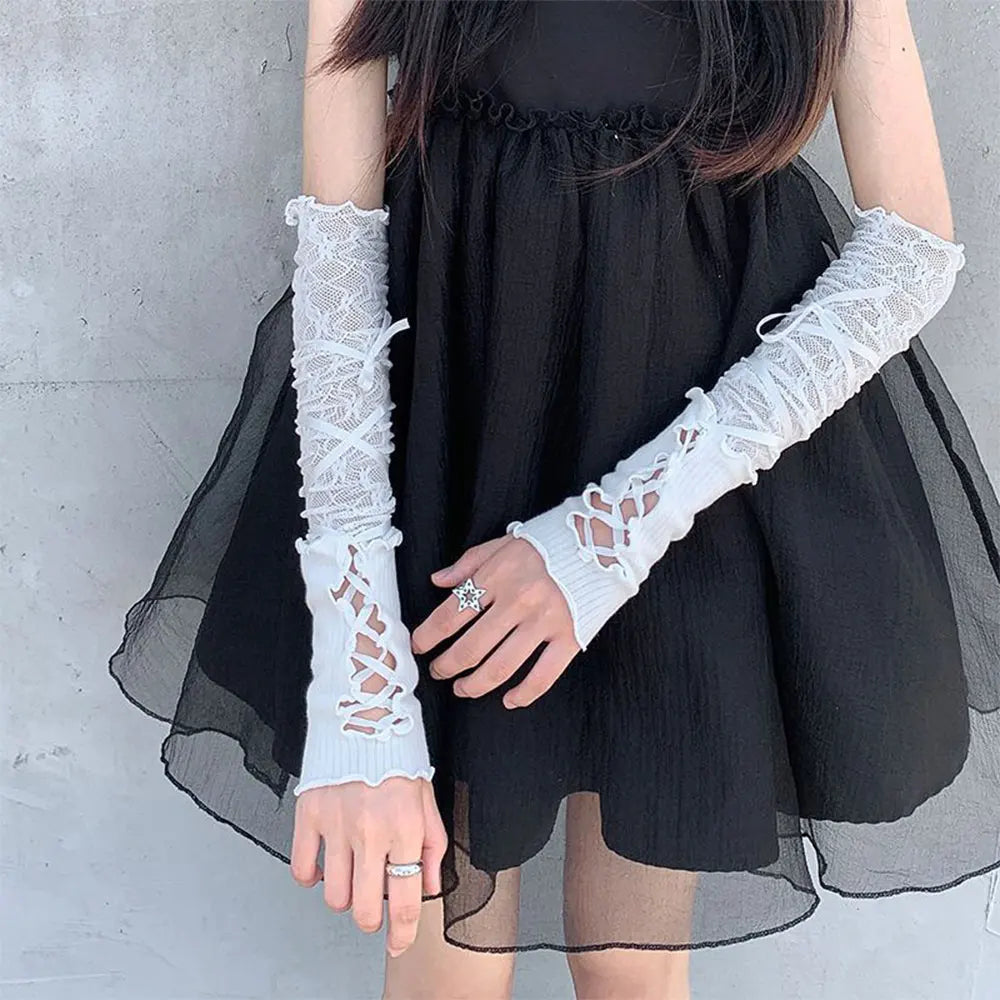 1 Pair Women Lolita Jk Lace Fingerless Gloves Black Gothic Fake Sleeves Trendy Elastic Long Lace Arm Sleeves Clothes Decorati