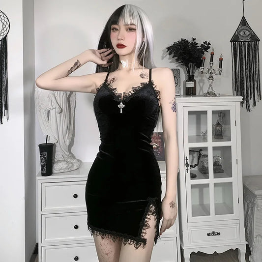 Dark Cross Black Mini Dress Sexy Spaghetti Strap High Waist
