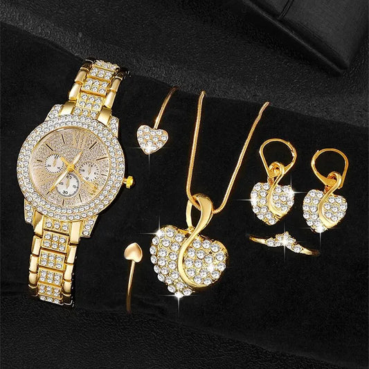 Women's Quartz Watch Gold Luxury Jewelry Set Rhinestones