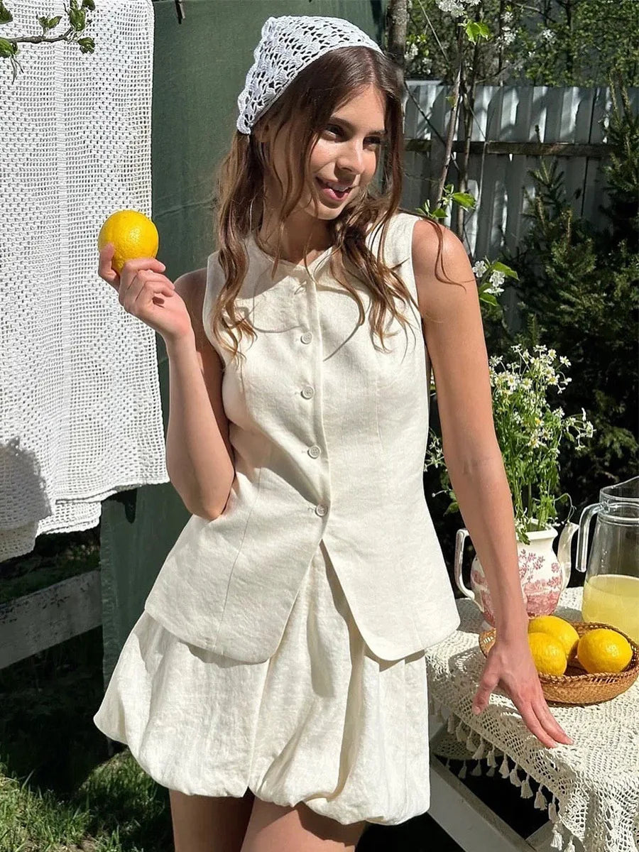 Bornladies Cotton Chic Casual Vest Mini Skirt Set Essential for Summer