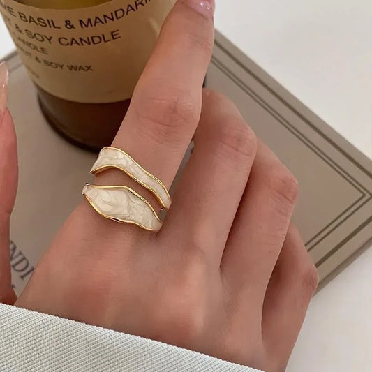 LATS Vintage White Enamel Ring: Geometric Open Band