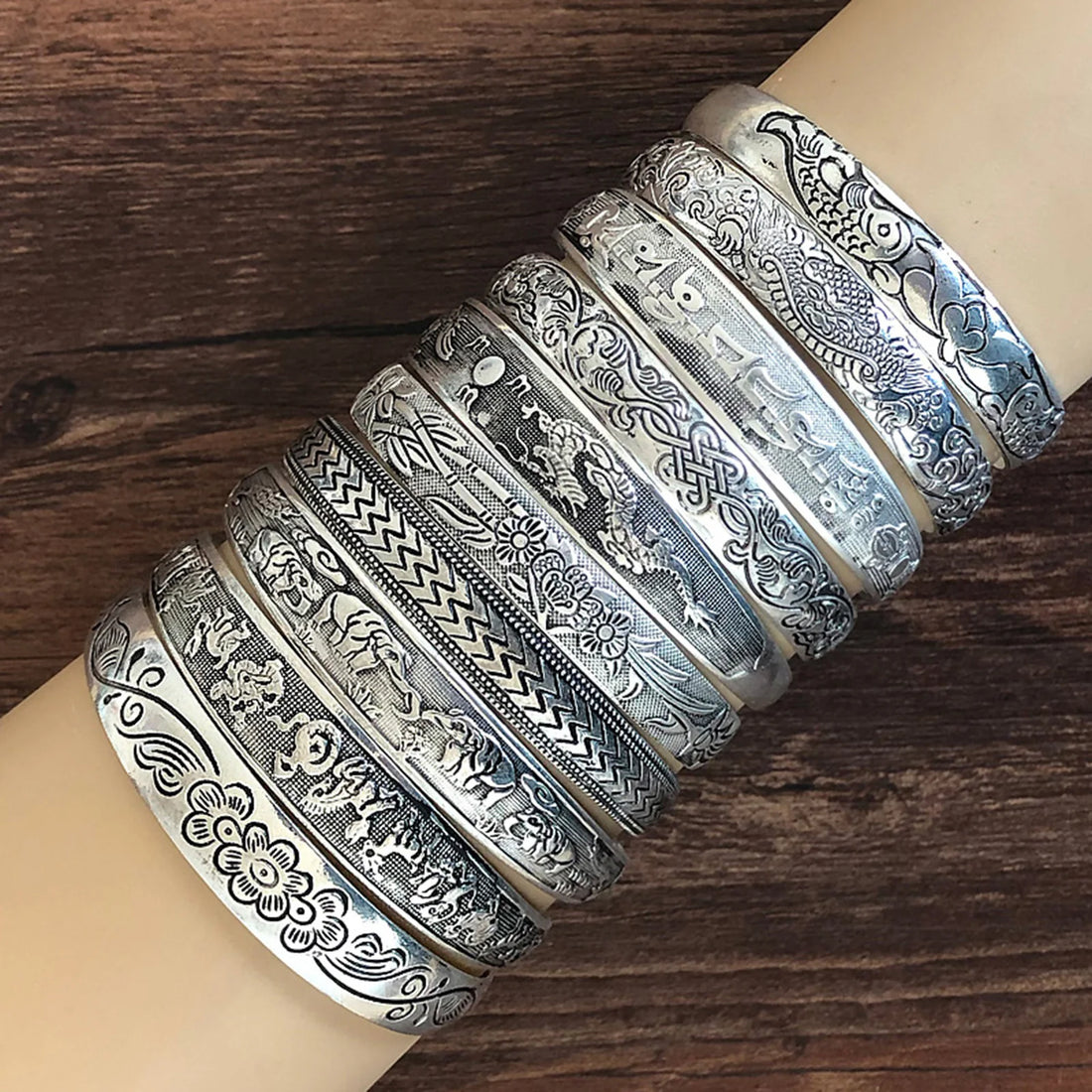 Vintage antique silver color animal snake flower pattern bangles for women - bohemian cuffs