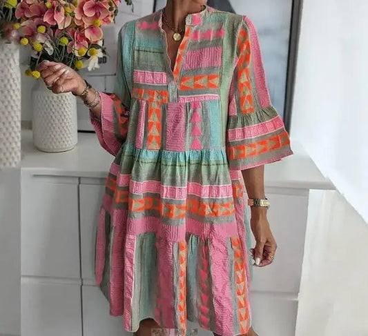 Printed V-neck Seven Quarter Sleeve Dress for Summer