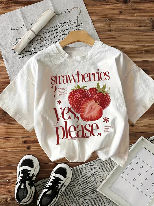 100% Cotton T-shirt Strawberry Graphic Print Women Tee