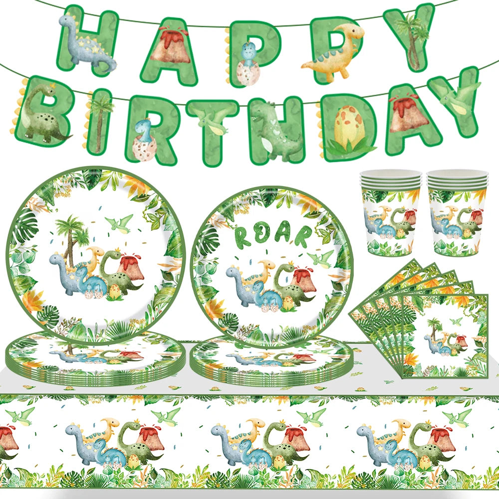 Cartoon Dinosaur Birthday Disposable Tableware Paper Plates Cups Napkin Tablecloth Dinosaur Roar Theme Birthday Party Decorat