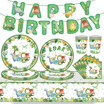 Cartoon Dinosaur Birthday Disposable Tableware Paper Plates Cups Napkin Tablecloth Dinosaur Roar Theme Birthday Party Decorat