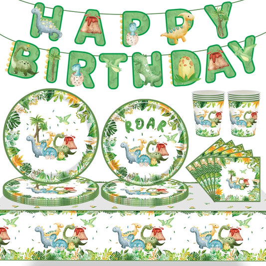 Cartoon Dinosaur Birthday Disposable Tableware Paper Plates Cups Napkin Tablecloth Dinosaur Roar Theme Birthday Party Decorat