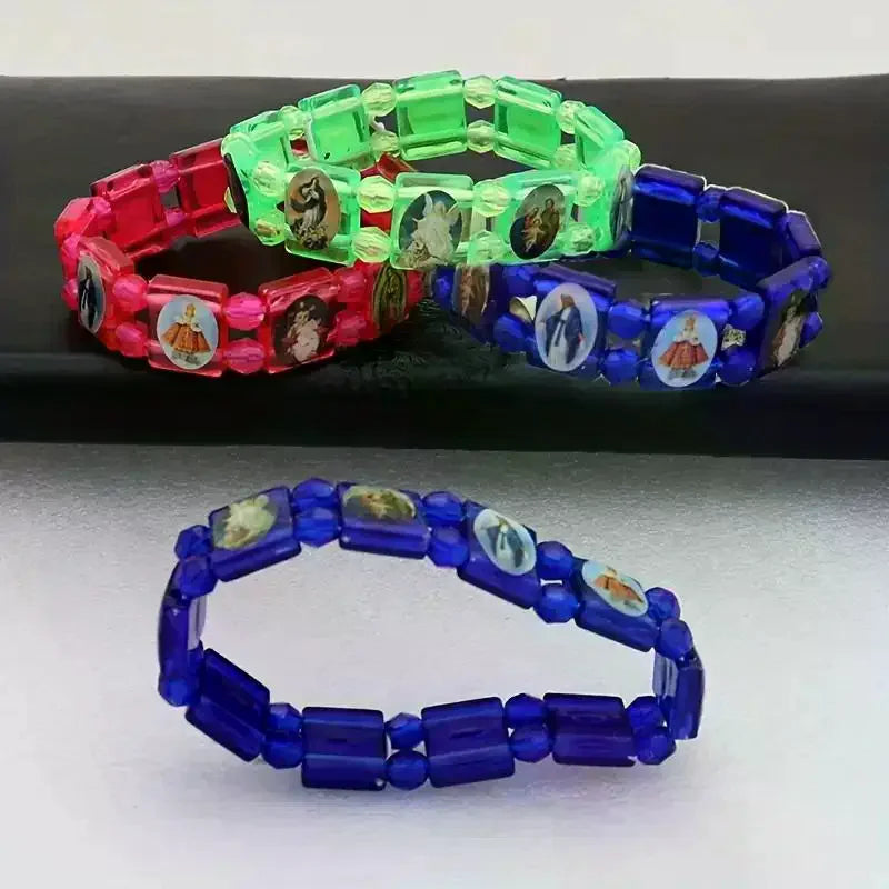 Vintage Jesus And Virgin Mary PVC Rosary Bead Bracelet With Elastic Band Religious Image Stickers For Daily Wear Parties