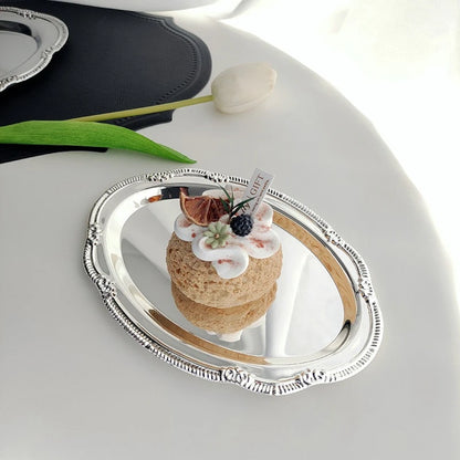 Vintage Embossed Silver Tray Serving Platter For Desserts Jewelry Storage Organizer Snack Plate Dining Table Decoration