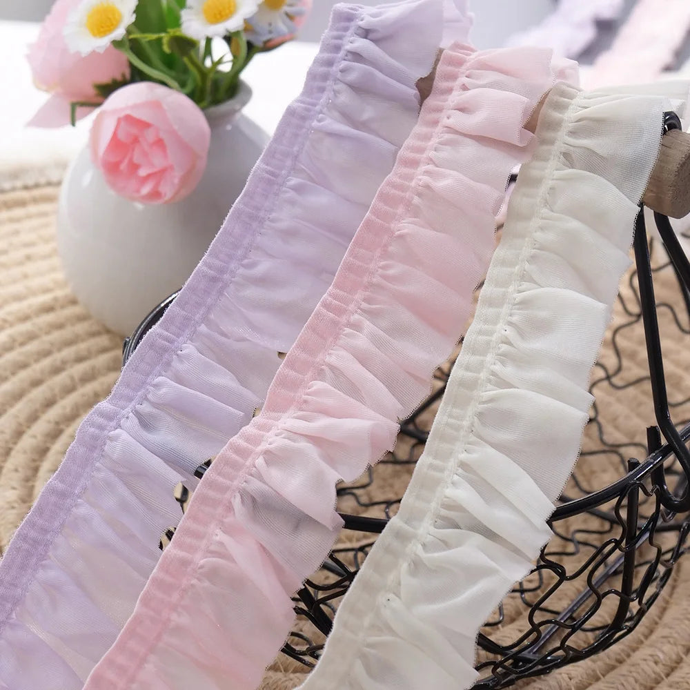Elastic 25mm Wide Pleated Needlework Ruffles Trim Lace Fabirc Neckline Cuffs Pets Clothes Apparel Skirt DIY Sewing Decor Ribb