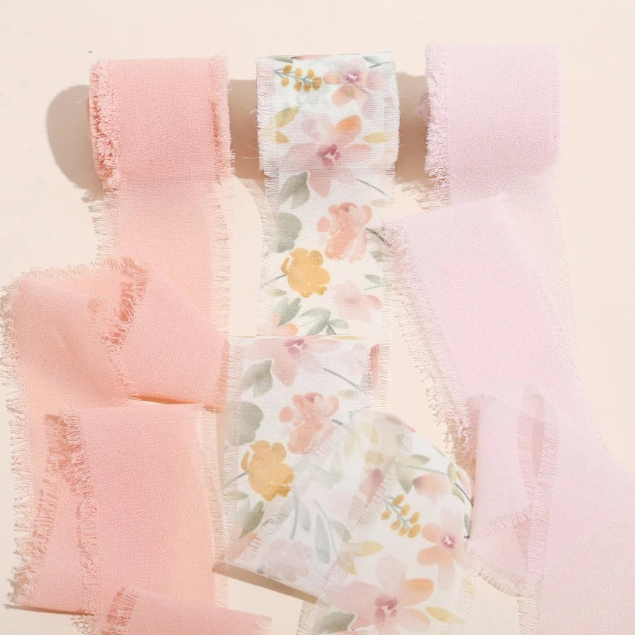 3 Roll/set 5m Frayed Edged Satin Handmade Chiffon Silk Ribbon For Wedding Invitation Bouquets Birthday Party DIY Decoration G