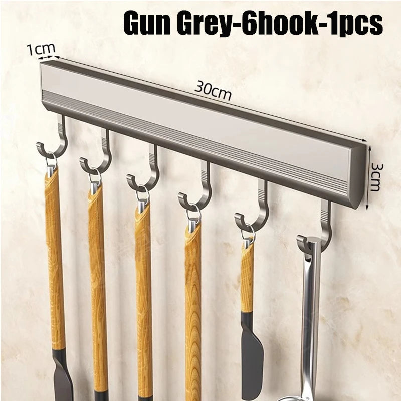 Kitchen Storage Rack Aluminum Alloy Hook Rack Wall Mounted Kitchen Utensil Storage Rack Bathroom Robe Towel Hanger - 6 hooks