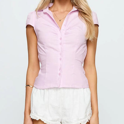 Women Short Sleeve Button Down Shirts Vintage Stripe Print Slim Fitted Cropped Collared Blouse Elegant Lady Business Shirts -
