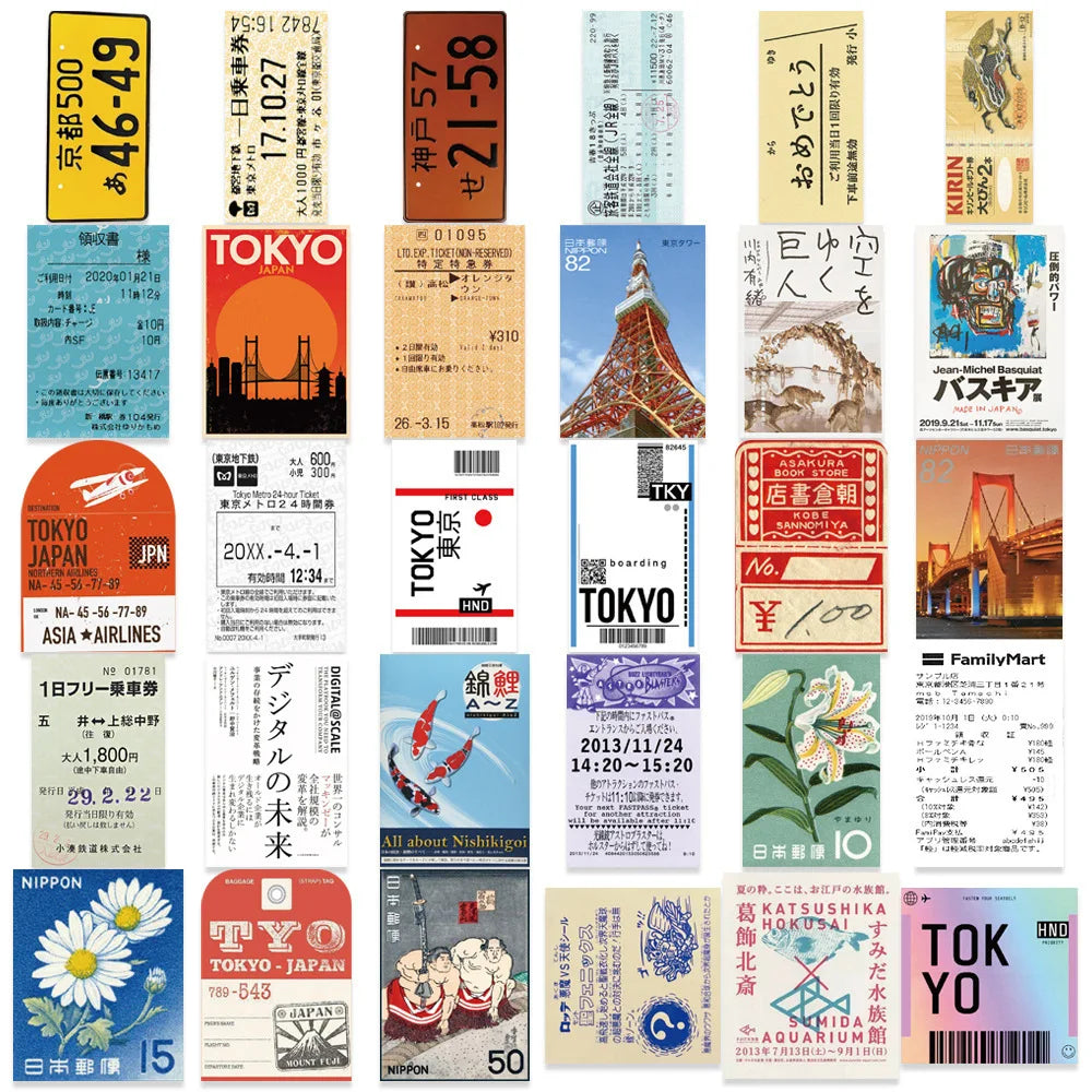 60Pcs INS Style Stamp Sticker Japanese Postcard Ticket Stationery Travel Diary Luggage Waterproof Helmet Stickers