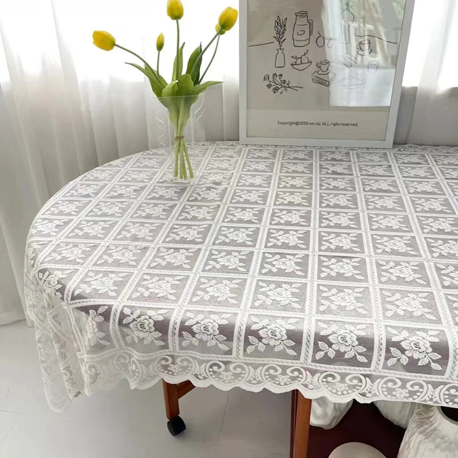 One Antique Embroidered Lace Tablecloth - Solid Color Elegant Flower Cut Process Polyester Square Tablecloth, 100% Polyester