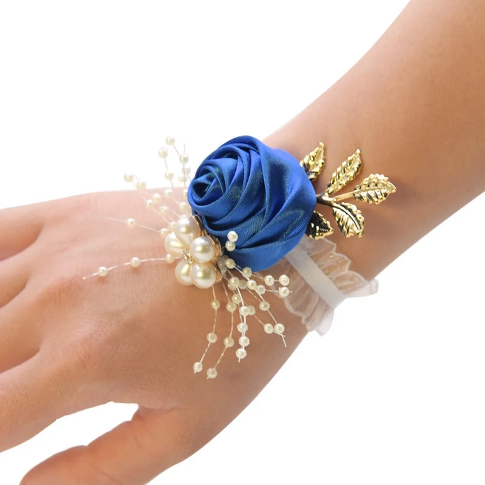 Bridesmaid Wrist Flowers Rose Corsage Pearl Polyester Ribbon Bracelet Wedding Accessories