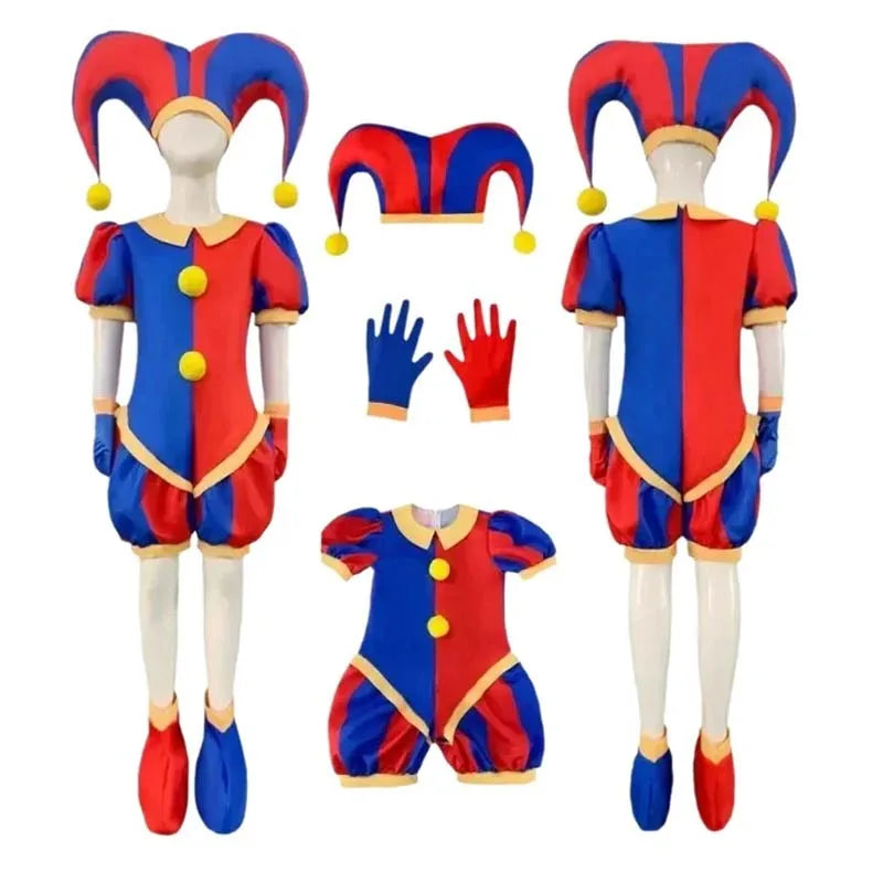 Pomni Cosplay Jumpsuit with Hat aShoes Cover Gloves Magical Virtual Circus Outfits for Halloween Carnival Circus Pomni Costum