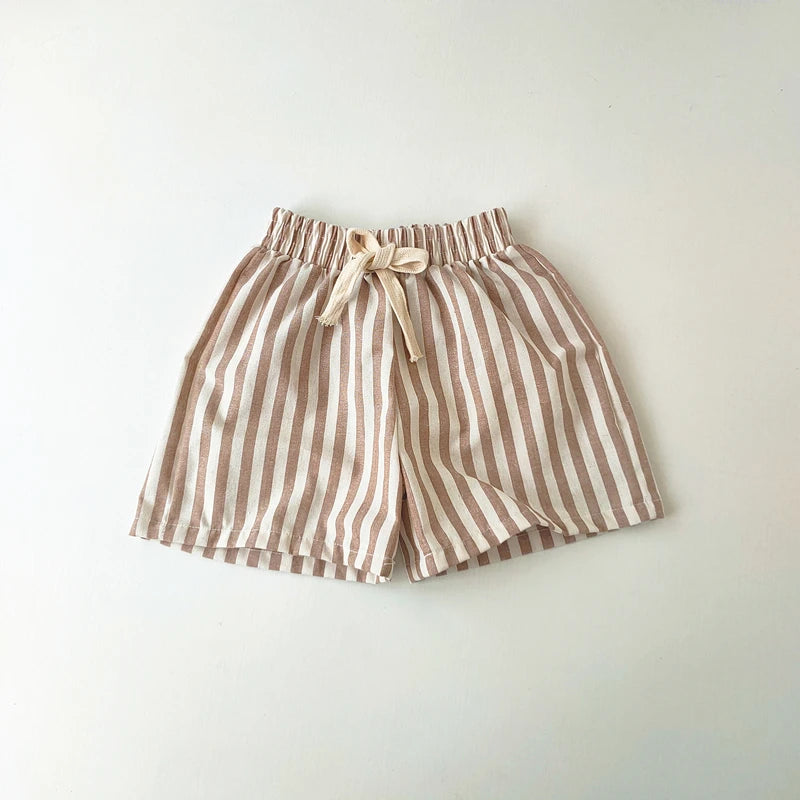 Children's Clothing Vintage Linen Cotton Stripe Pants Baby Boy Girl Casual Shorts Spring Summer Girls Loose Trousers and Shor