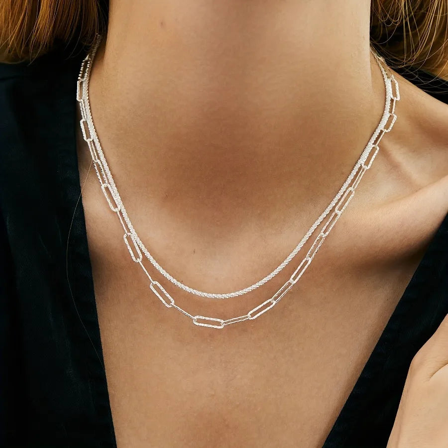 2pcs Charms 925 Sterling Silver Necklace Bracelet set for women men Paperclip Chain fine Design Match Daily Party wedding par