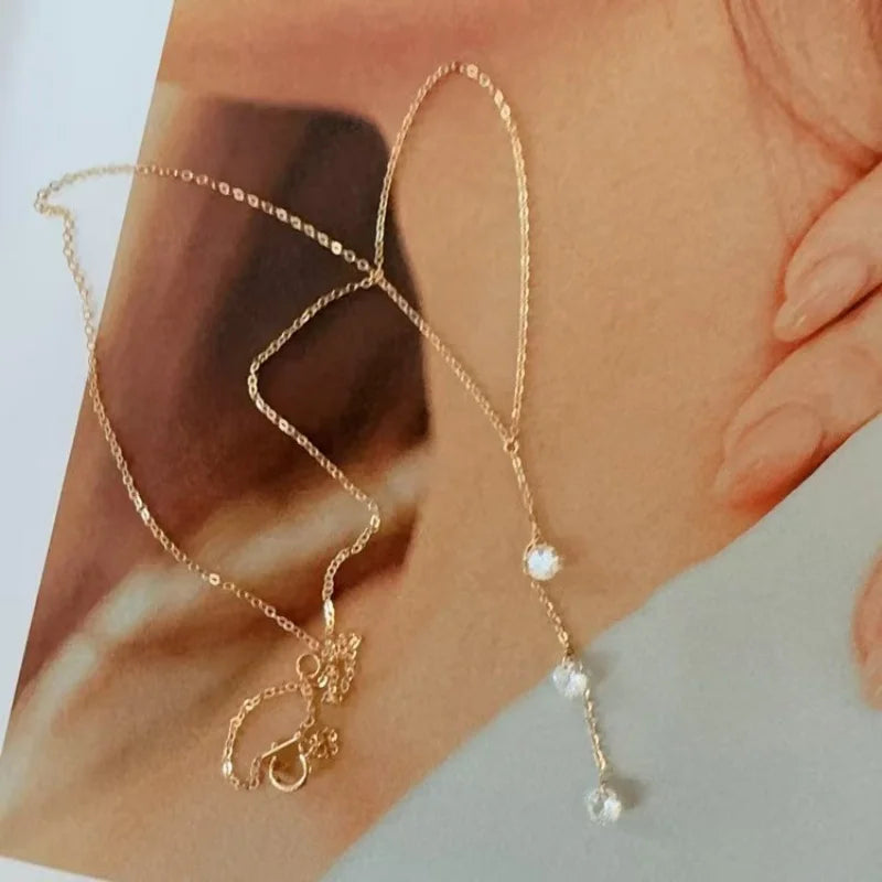 18K Gold Plated 925 Silver Lariat Necklace Tiny 3 CZ Y-Shaped Drop Pendant Thin Chain Necklace Ladies Elegant Daily Jewelry