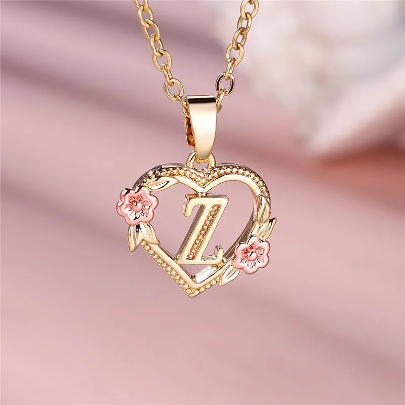Female A-Z Letter Flower Pendant Necklace Yellow Gold Color Wedding Jewelry Gift For Women - Z