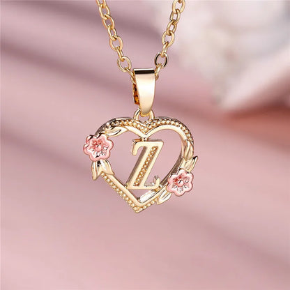 Female A-Z Letter Flower Pendant Necklace Yellow Gold Color Wedding Jewelry Gift For Women - Z