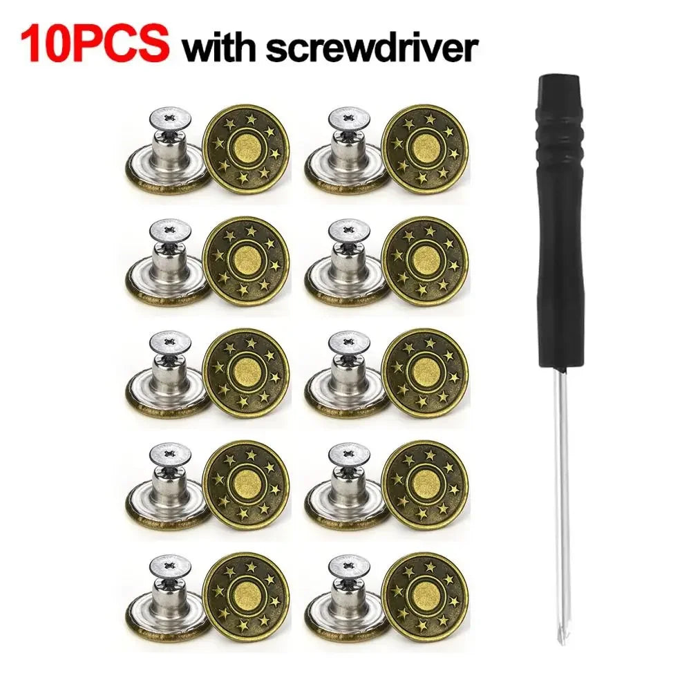 10Pcs Metal Jeans Buttons 17mm Replacement No-Sewing Screw Button Repair Kit Nailless Removable Jean Buckles Clothing Pants P