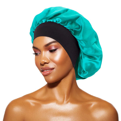Women's Satin Solid Bonnets Wide-brimmed Night Sleeping Bathing Hat Unisex Head Wrap Elastic Band Cap Hair Care Bonnet - kong