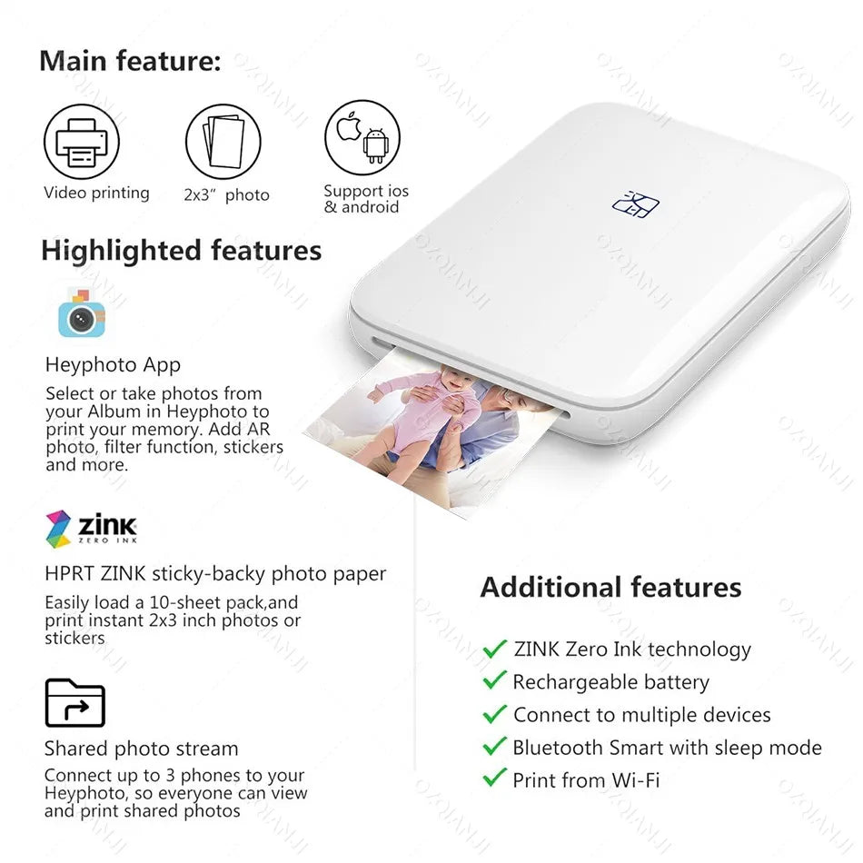 HPRT MT53 Portable Mni Mobile Pocket Printer BT Wireless Photo Printer with Zink Technology 2x3 Inch Color Photo Printer Make
