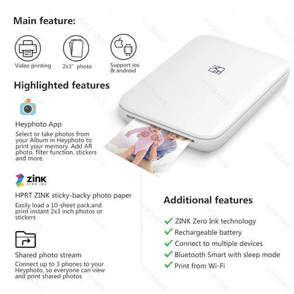 HPRT MT53 Portable Mni Mobile Pocket Printer BT Wireless Photo Printer with Zink Technology 2x3 Inch Color Photo Printer Make
