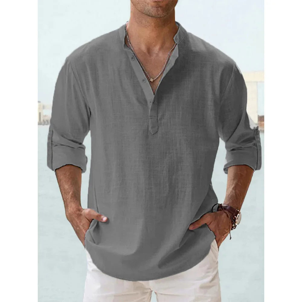 Cotton Linen Men's Long Sleeve Shirts Summer Solid Color Henley Collar Casual Beach Style Hawaiian Vacation