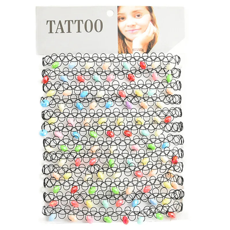 12pcs/lot Vintage Hippy Stretch Tattoo Choker Necklace Elastic Chocker Necklace Fishing Line Tattoo Colorful Necklace - Style