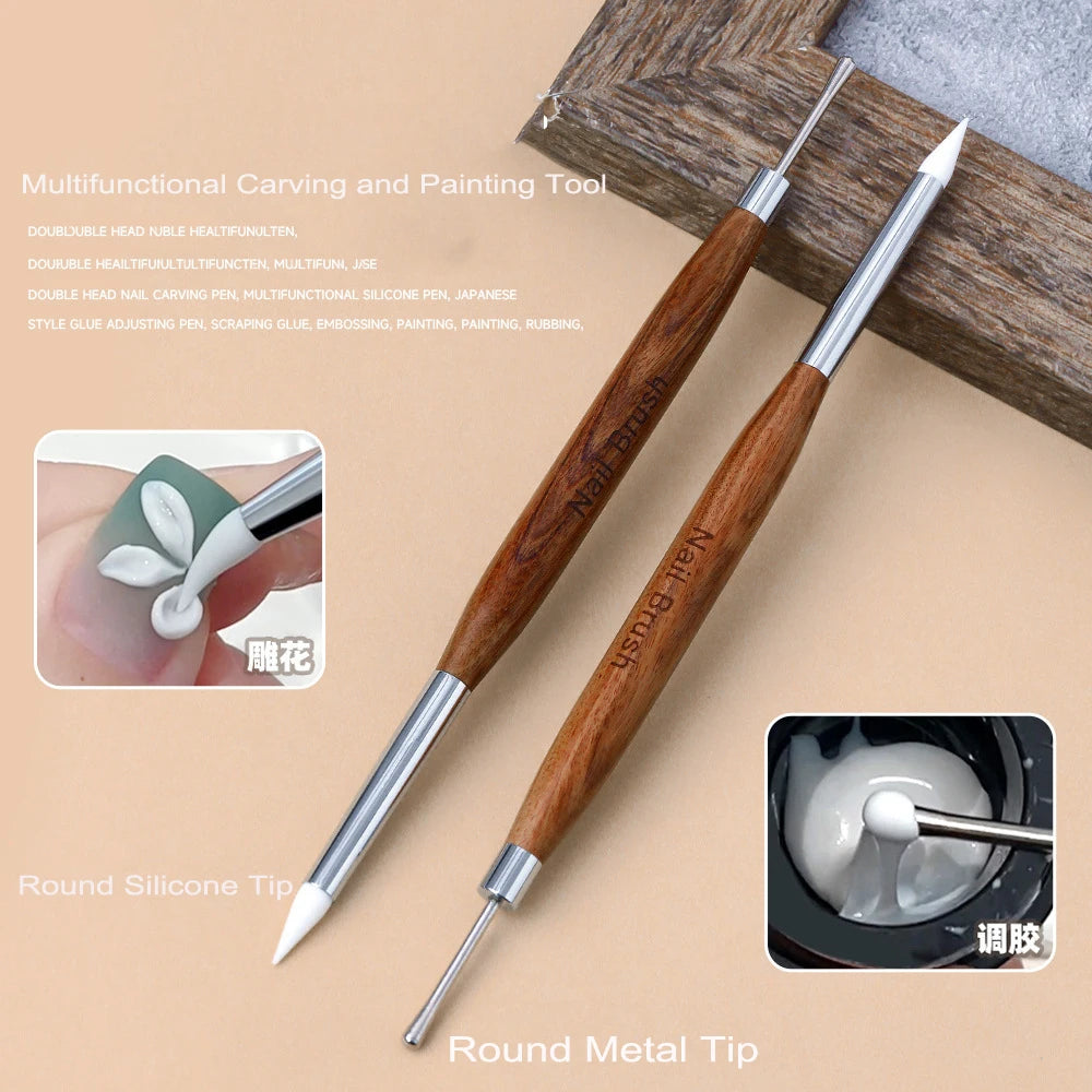1Pcs Double-ended Nail Art Brush Silicone Carving/Painting Flower Nail Pen Gel Polish Glue Adjusting Embossing DIY Manicure T