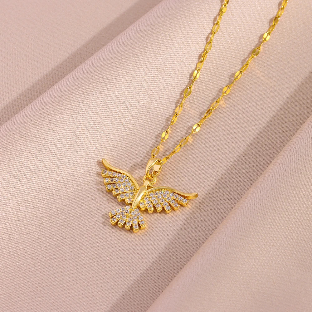 New Sparkly 18K Gold Plated Vintage Phoenix Pendant Necklaces For Women Retro Style Female Daily Wear Stainless Steel Neck Ch