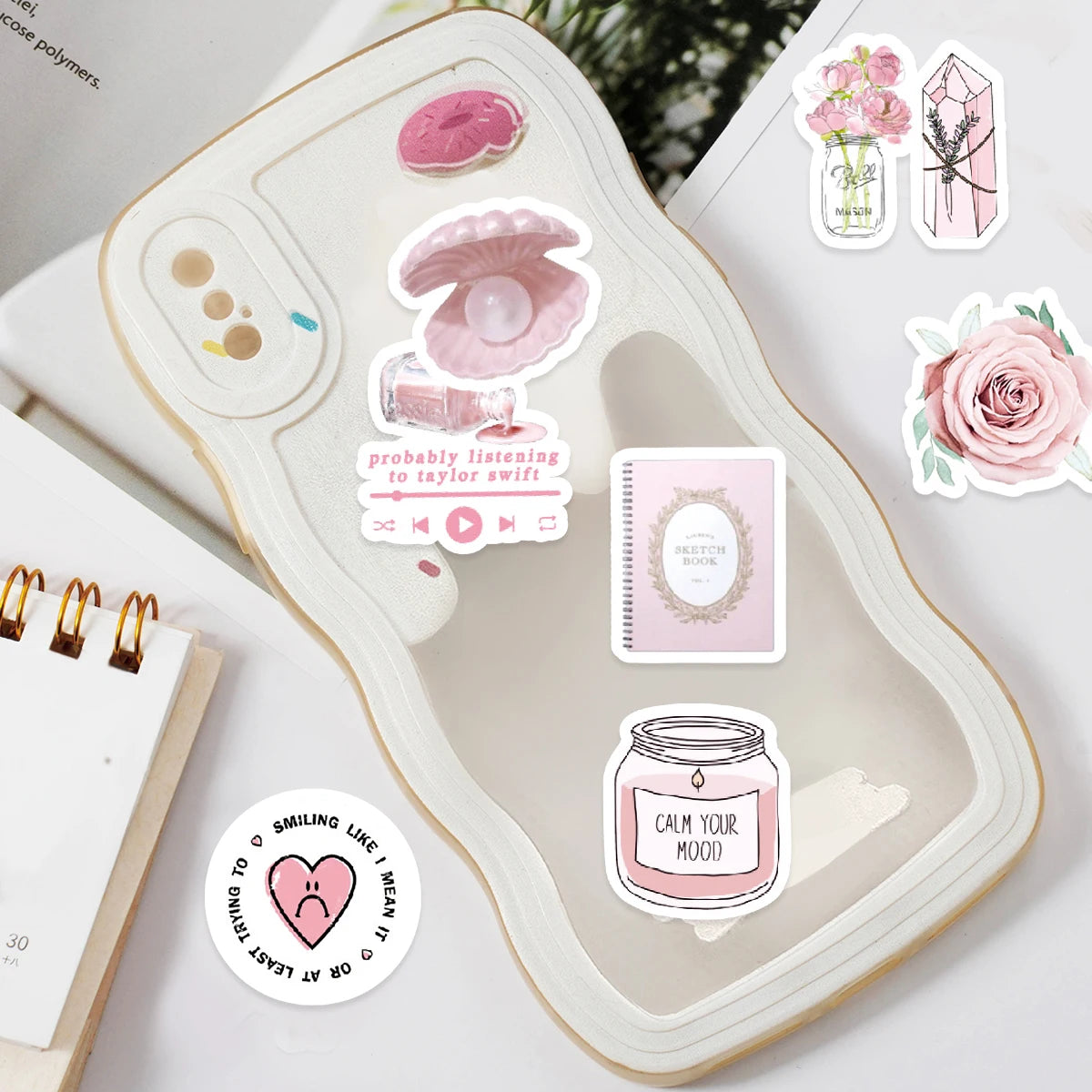 46pcs Bunny, Bear, Perfume Pink Graffiti Stickers Decorated Notebook Water Cup Diary Guitar Student Stationery PVC Decals