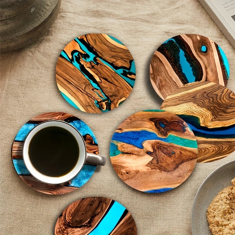 6pcs Vintage Wooden Coasters 2D 4in Tree Pattern with Lake & Desert Designs High-End Home Decor for Coffee Shops & Dining Tab