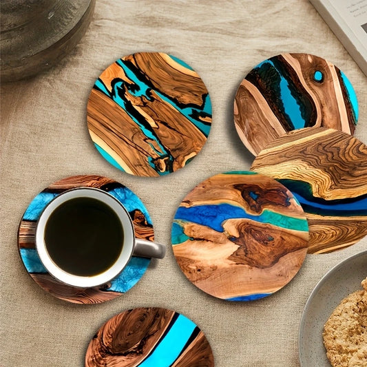 6pcs Vintage Wooden Coasters 2D 4in Tree Pattern with Lake & Desert Designs High-End Home Decor for Coffee Shops & Dining Tab