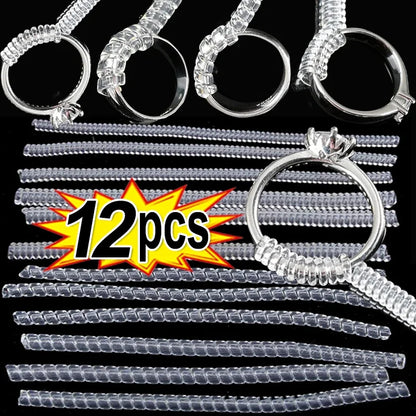 12pcs/Set Ring Size Reducer Tools Spiral Spring Based Rings Adjust Invisible Transparent Tightener Resizing Tool Jewelry Guar