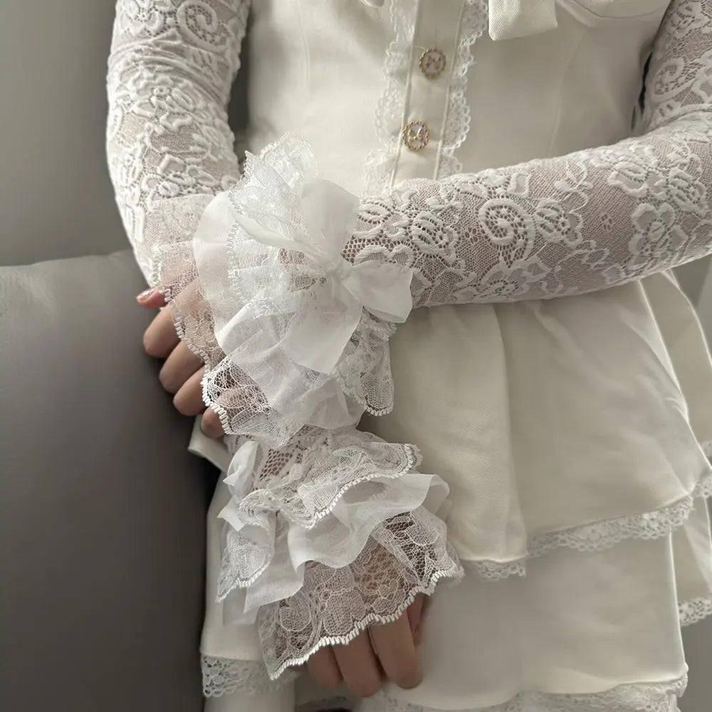 1 Pair Women Lolita Jk Lace Fingerless Gloves Black Gothic Fake Sleeves Trendy Elastic Long Lace Arm Sleeves Clothes Decorati