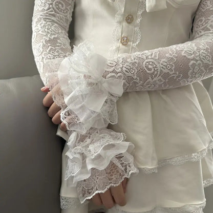 1 Pair Women Lolita Jk Lace Fingerless Gloves Black Gothic Fake Sleeves Trendy Elastic Long Lace Arm Sleeves Clothes Decorati