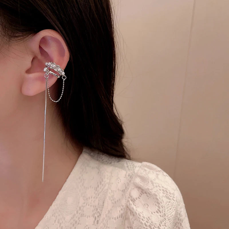 Silver Color Crystal Tassel Non-Piercing Cuff Ear Clip Earring For Women Shiny Rhinestone Chain Fake Cartilage Piercing Jewel