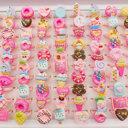 30/100pcs/Lot Wholesale New Cute Kids Finger Rings Party Pink Candy Ice Cream Donuts Cake Child Jewelry Open Adjust Gifts Gir