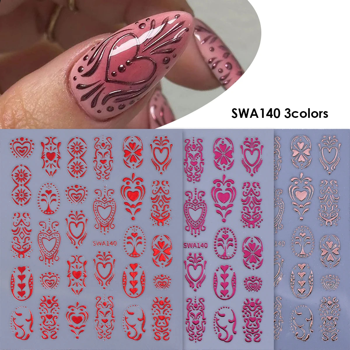 3pcs Valentine's Day Nail Art Stickers 3D Black White Pink Lines Love Heart Nail Decals DIY Adhesive Slider Manicure Decorati