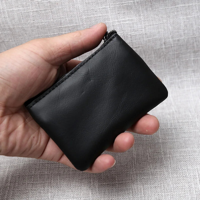 Leather Mini Coin Purse Unisex Simple Portable First Layer Cowhide Retro Handmade Zipper Small Wallet Key Case - Black