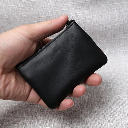 Leather Mini Coin Purse Unisex Simple Portable First Layer Cowhide Retro Handmade Zipper Small Wallet Key Case - Black