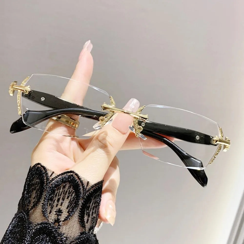 Fashion Y2K Vintage Frameless Cut Edge Glasses Anti Eyestrain Metal Anti-Blue Light Glasses Travel Eyewear Eye Protection - B