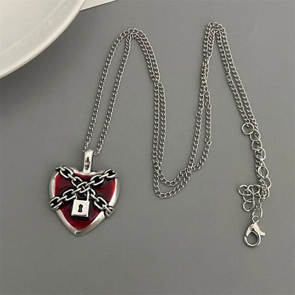 Punk Rock Red Black Heart Pendant Chain Necklace For Men Women Cool Hip Hop Street Vintage Goth Accessories Trendy Jewelry - 