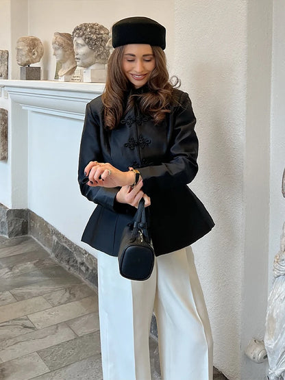 Frog Closure Velvet Tassel Jacket Slim Long Sleeve Mandarin Collar 2026 Spring Fashion Elegant Women Outerwear Chic Lady Coat